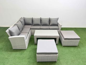 Fimous Outdoor 8 Seater Corner Sofa Sets with 2 Big Stools Light Grey Mixed