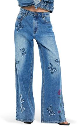 Desigual Floral Embroidered Butterfly Appliqu&eacute; Wide Leg Jeans in Medium Blue at Nordstrom, Size 38