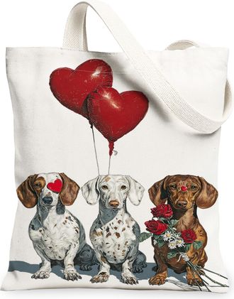 Generic ValentineS Day Dogs Canvas Tote Bags, Cute Animal Love Design Reusable Grocery Bags, Lightweight Washable Shoulder Strap C, White, 13x15 Inch