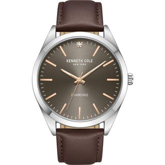 Kenneth Cole Diamond Leather Strap Watch, 44mm - 0.005ct. in Brown at Nordstrom Rack