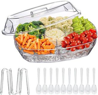 OEM Bandeja Refrigerada Con Tapa, Bandeja Grande De 38 Cm Para Frutas Y Verduras Con Cubitera, Bandeja Festiva Con 10 Tenedores Y 3 Pinzas