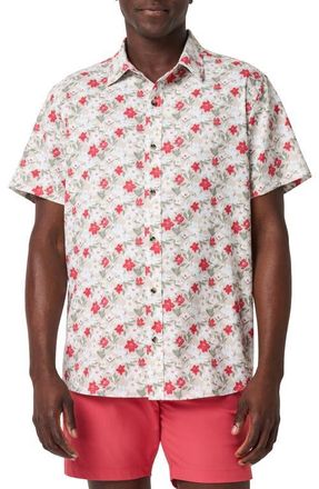 Travis Mathew Techwoven Fairway Floral Short Sleeve Performance Button-Up Shirt in Italian Sand at Nordstrom, Size Xx-Large