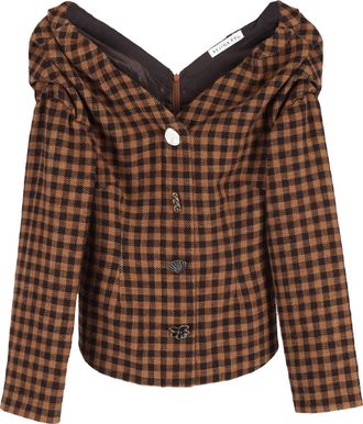 Rejina Pyo Checked V-neck Blouse in Brown Wool