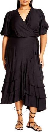 City Chic Bea Wrap Front Tiered Dress in Black at Nordstrom Rack, Size Xs/14W