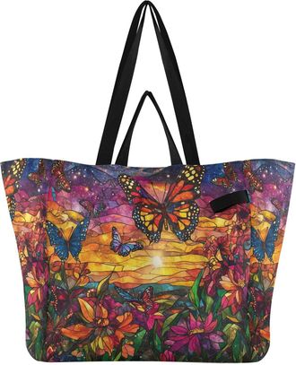 Generic Butterfly Glass Yellow print Reusable Canvas Tote Bag, Heavy Duty Grocery Shopping Bag with Double Handles Large Capacity Hard Bottom Work Groceries T
