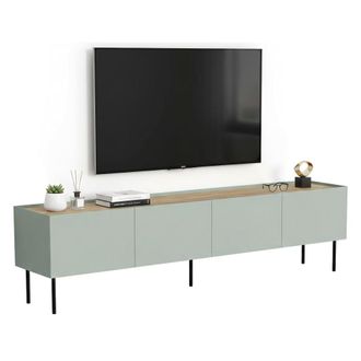 Dmora Mueble De Tv Scopa, Aparador De Sal&oacute;n Con Cuatro Puertas Batientes Y Cuatro Compartimentos Interiores, Elevado Del Suelo, 200x40 H52 Cm, Verde Y Roble