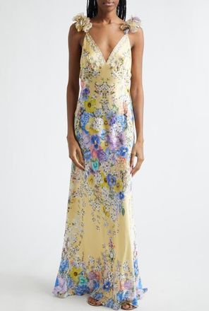 Camilla Darling Buds Bias Cut Silk Satin Maxi Slipdress at Nordstrom, Size Large