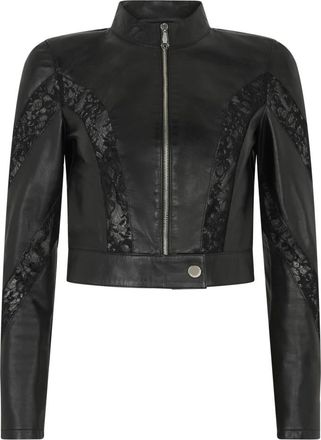 Philipp Plein Fitted Biker Jacket met kanten details - Dames - Leren en Su&egrave;de Jassen - Zwart - M - Leer - Jassen