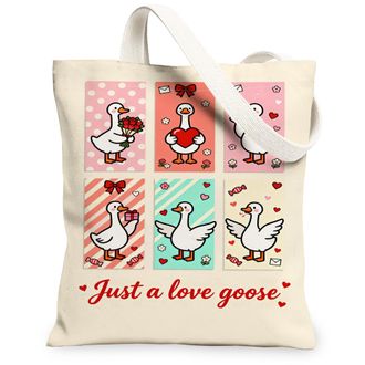 Generic ValentineS Goose Canvas Tote Bags, Cute Bird Pattern Reusable Grocery Bags, Lightweight Washable Shoulder Strap Canvas for, Beige, 13x15 Inch