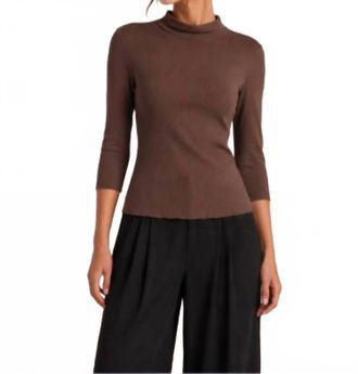 Michael Stars Helena 1X1 Cotton Elbow Sleeve Mock Neck Top In Espresso