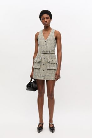 Ganni Blue Tweed Sleeveless Belted Dress - Size 32 Cotton