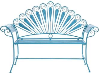 Beliani Outdoor Garden Bench Blue Metal Iron 2 Seater Armrests Peacock Motif Distressed Effect PAVIA