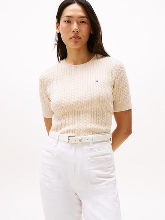 Tommy Hilfiger Womens Short-Sleeve Cable Knit Sweater - Beige - XXL