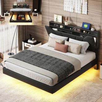 OEM Cama Lit 140x200 Cm Negra Con Led Integrada, Somier De Lamas Y Cabecera Usb
