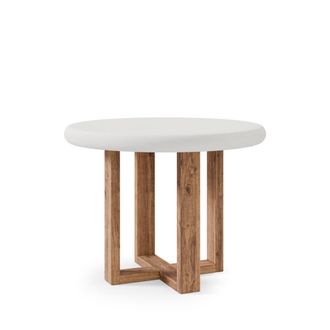 Koketto Home Mesa fija redonda tapa cemento blanco de 100cm y patas madera en roble