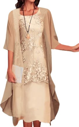 Generic Womens Flowy Floral Dresses with Jacket 2 Piece Set 3/4 Sleeve Sheer Chiffon Summer Cocktail Wedding Guest Dress (Beige,Medium)