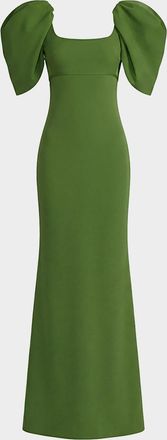 Mac Duggal Puff Sleeve Crepe Column Gown