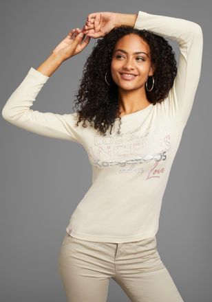 Kangaroos Langarmshirt KANGAROOS, Damen, Gr. 40/42, pink (beige, pink), Rippware, Obermaterial: 100% Baumwolle, bedruckt, sehr figurbetont h&uuml;ftbedeckend, Rundha