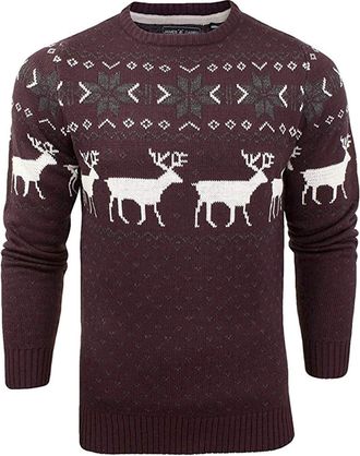 SOULSTAR James Derby Mens Christmas Jumper Xmas/Reindeer Stag Nordic Stag Festive Christmas Xmas Jumper (Burgundy_Fallow_Crew, 2XL)