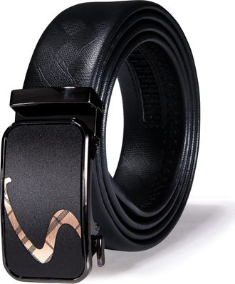 Barry.Wang Business Mens Belt Black Cuttable Ratchet Classic Cowhide Leather Stainless Steel Buck Automatic Nickel Free Dress Belt