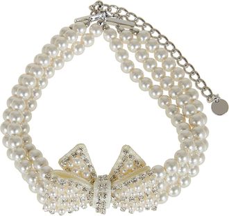 Self Portrait Satin Bow Necklace with Faux Pearls and Crystal Accents
