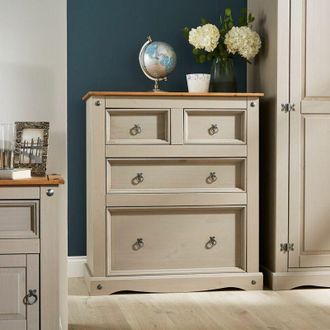 Home Source Industries Home Source - Grey Corona Pine Chest of 4 Drawers Two Tone Solid Mexican Wood 2+2 Drawers