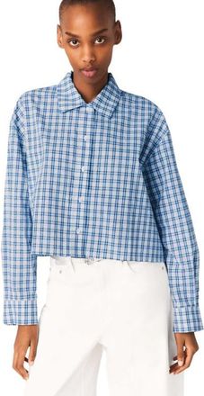 Maje Rhinestone shirt with removable tie in Blue Check Print at Nordstrom, Size X-Small