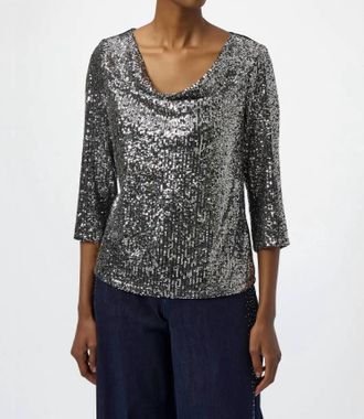Joseph Ribkoff Sequined Cowl Neck 3/4 Sleeves Straight Top In Black/silver