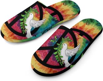 Generic Tie Dye Peace Sign Rainbow Mens Slippers Warm Non-Slip Houes Shose Spa Slipper for Home Bedroom