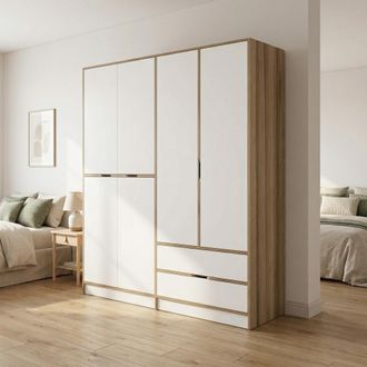 Dmora Armario Grande Odalys, Ropero Dormitorio 5 Estantes, Perchero, 2 Cajones, 185x208h Cm Blanco Y Nogal Y Nogal