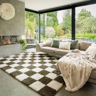 Kukoon Green Beige Shaggy Checkerboard Checked Living Room Area Rug | Size: 200 cm x 290 cm