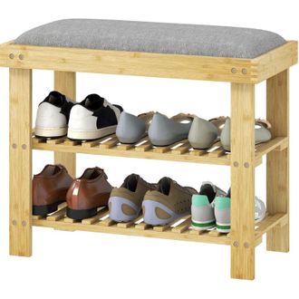 OEM Banco Zapatero Con Asiento, Banco De Bamb&uacute; Con Almacenamiento, 2 Compartimentos Abiertos, 60 X 29 X 49 Cm, Gris-crezuo