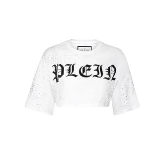 Philipp Plein Tops, Dames, Wit, S, Katoen, Strass Cropped T-Shirt