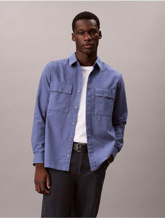 Calvin Klein Mens Melange Flannel Classic Button-Down Shirt - Blue - 2XL