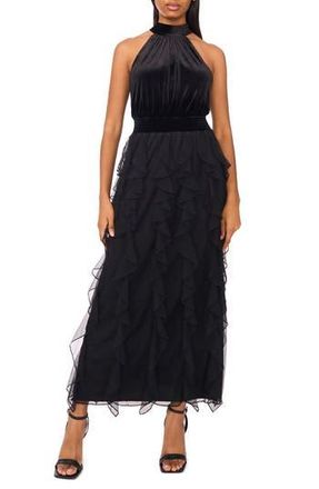 Halogen Halter Neck Cascading Ruffle Maxi Dress in Rich Black at Nordstrom Rack, Size Xx-Large