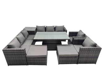 Fimous 10 Seater Outdoor Garden Rattan Furniture Set with Side Table 2 Stool in Dark Grey