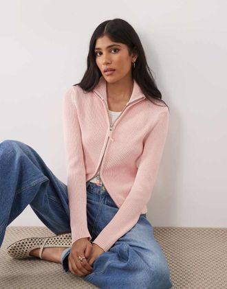 Asos Maglia sottile rosa con collo a imbuto stretto e zip