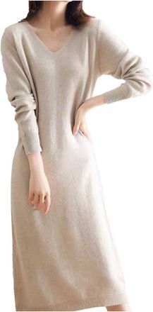Generic Long Sleeve V-Neck Wool Knit Dress for Women French Style Long Layered Dress for Winter Cosy Warm Casual Maxi Dress Glitter Suit Women, beige, XL