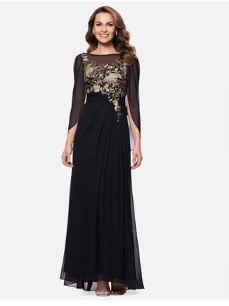 Betsy & Adam Metallic Embroidered Evening Dress In Black/gold