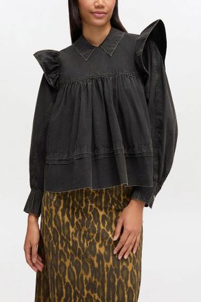 Ganni Black Washed Frill Blouse - Size 34 Organic Cotton