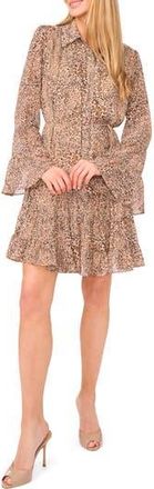 CeCe by Cynthia Steffe Leopard Tiered Long Sleeve Shirtdress in Dune at Nordstrom Rack, Size X-Large