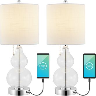 Jonathan Y Designs Cora 22 Classic Vintage Glass LED Table Lamp with USB Charging Port in Chrome/clear at Nordstrom