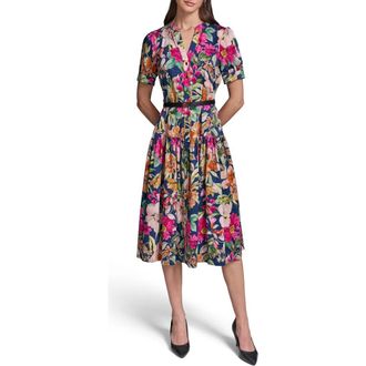 Karl Lagerfeld Floral Print Belted Tiered Midi Dress in Currant/Light Blush Multi at Nordstrom, Size 12