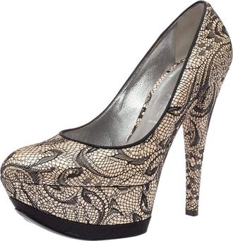 Casadei Beige/black Lace And Satin Round Toe Platform Pumps
