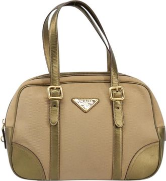 Prada Bowler Bag Canvas With Leather Beige Canvas Handbag (Pre-Owned)