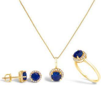 House of Brilliance 10K Gold Gemstone and 3/8 Cttw Diamond Halo Jewelry Set in Yellow | Blue Sapphire at Nordstrom