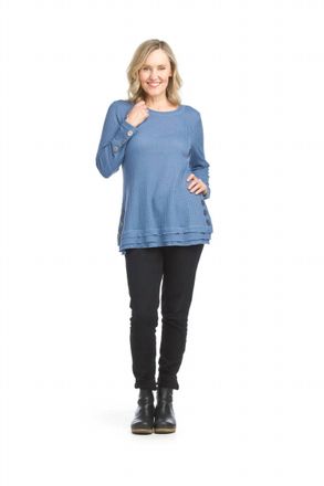 Papillon Waffle Top With Button Detail In Dark Blue Denim