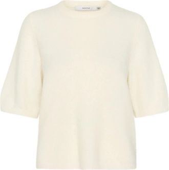Gestuz Zachte Gebreide Tee met Halve Mouwen - Dames - Ronde hals truien - Beige - XL - Wol - Truien & Vesten