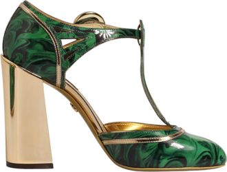 Dolce & Gabbana Green Leather T-STRAPS Heels Sandals Womens Shoes