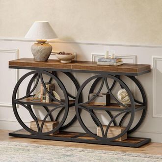 Tribesigns 2-set Side Table for Living Room, Narrow Small End Table with 3-Tier Storage, Industrial Bedside Nightstand with Metal Frame, Rustic Brown